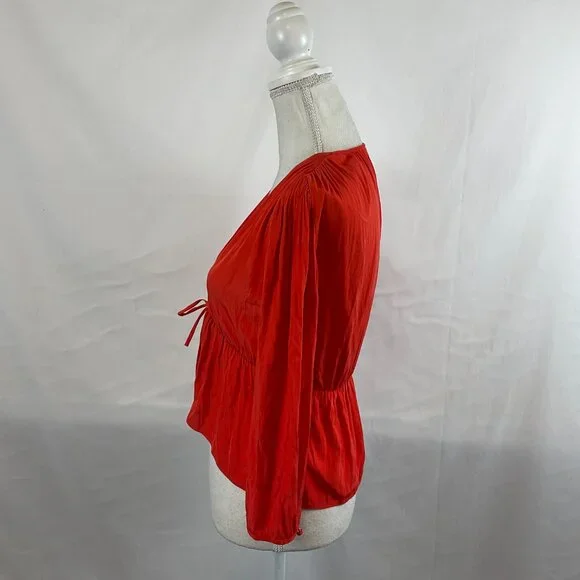 Wilfred Tie Top S Cherry Orange-Red Pucker Pleats Long Sleeve - Picture 6 of 11